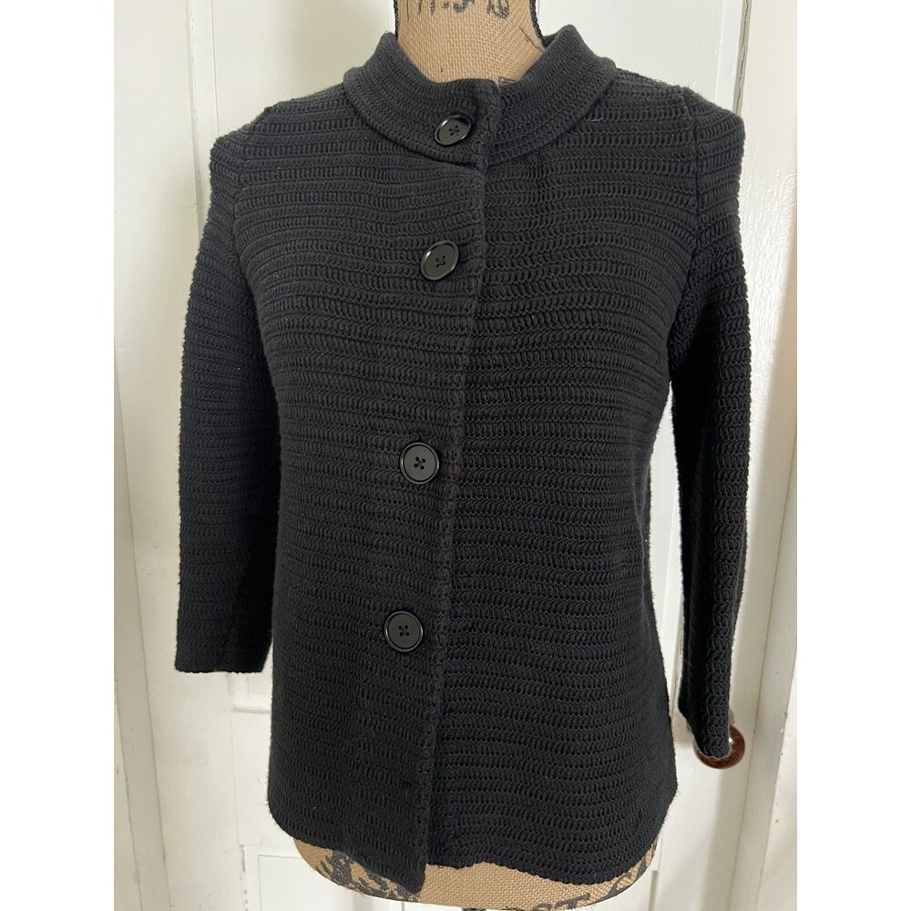 Talbots Cardigan XS Black Chunky Button Up High Neck Sweater Knit 3/4 sleeve